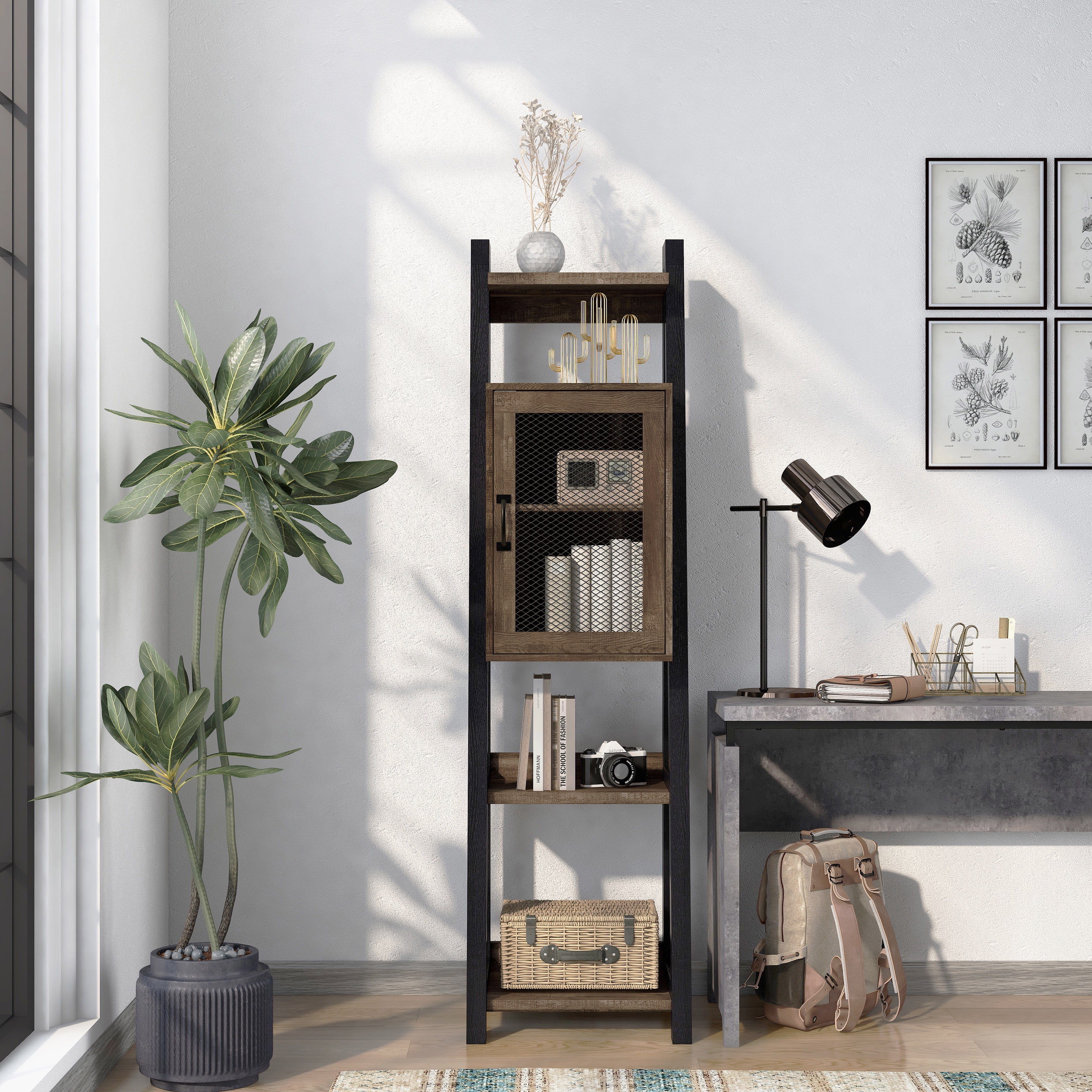 Furniture of America Zala Adjustable Shelf Wood Reclaimed Oak Tower Cabinet