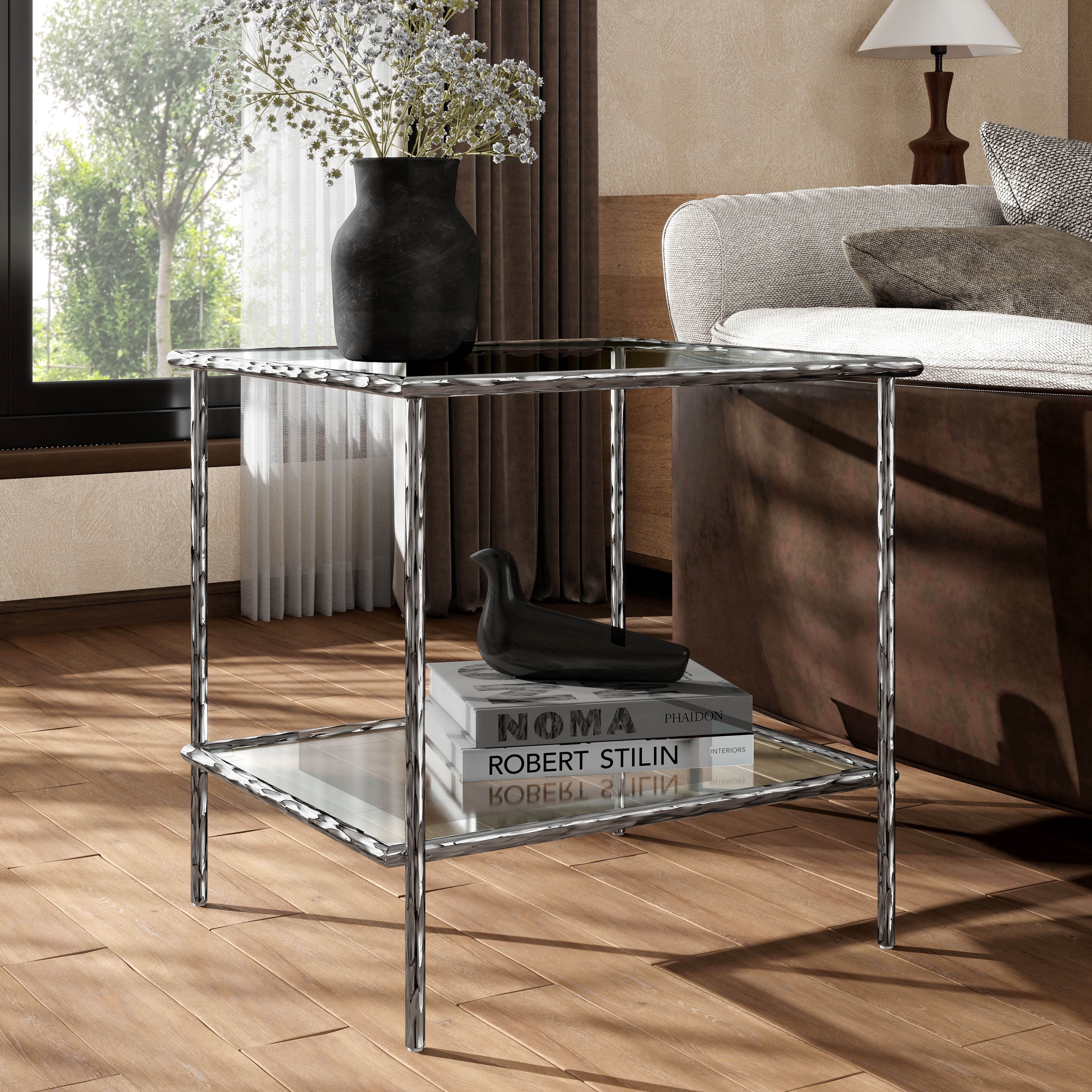 Furniture of America Zayen Modern Stainless Steel 1-Shelf End Table with Tempered Glass Top, Chrome