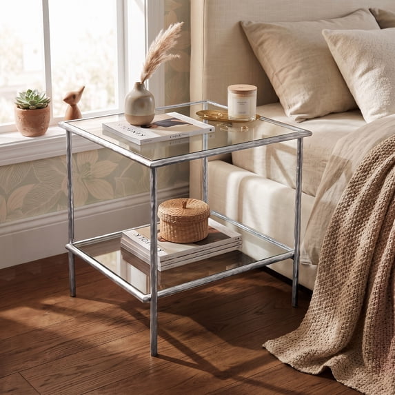Furniture of America Zayen Modern Stainless Steel 1-Shelf End Table with Tempered Glass Top, Chrome