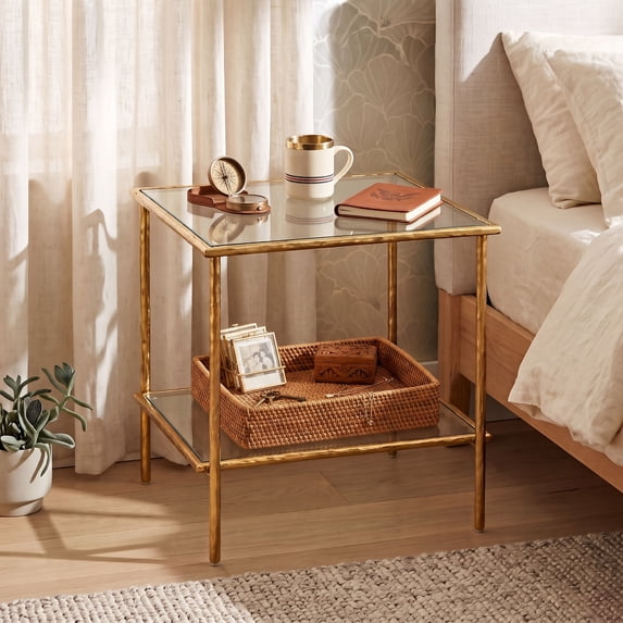 Furniture of America Zayen Modern Stainless Steel 1-Shelf End Table with Tempered Glass Top, Gold