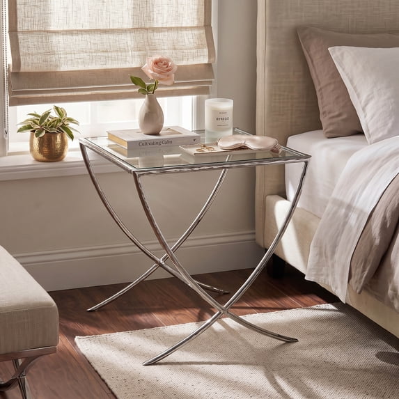 Furniture of America Zayen Modern Stainless Steel End Table with Tempered Glass Top, Chrome
