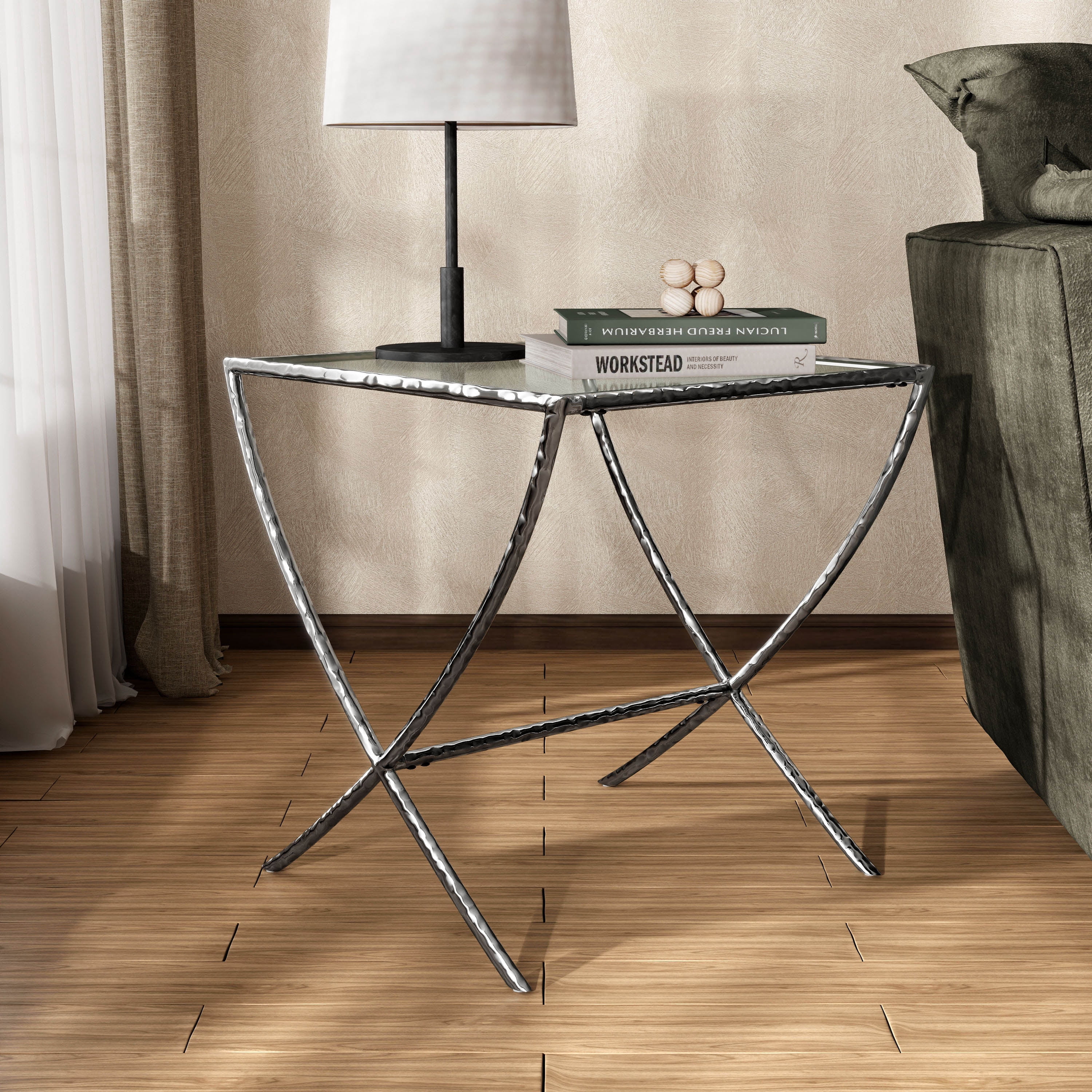Furniture of America Zayen Modern Stainless Steel End Table with Tempered Glass Top, Chrome