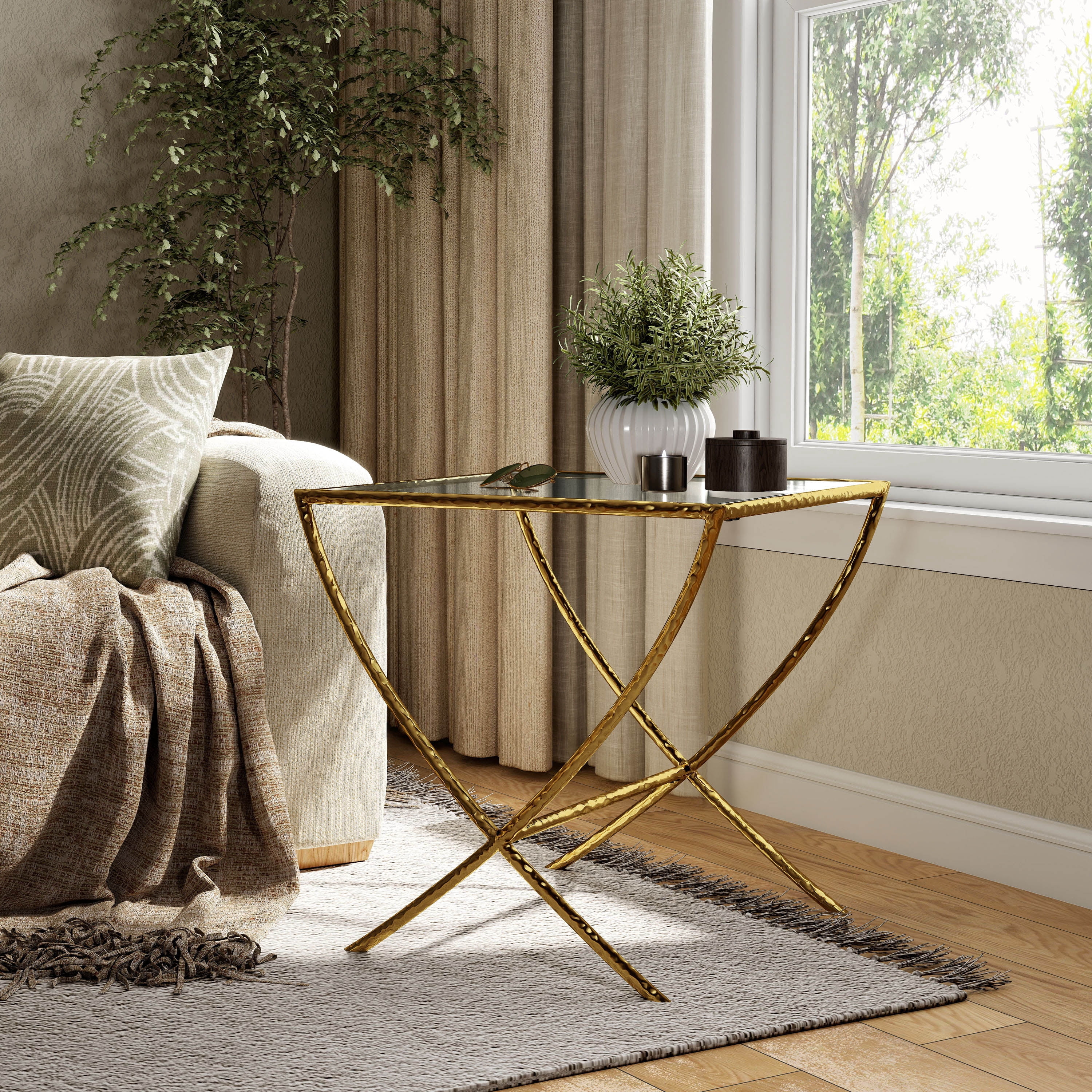 Furniture of America Zayen Modern Stainless Steel End Table with Tempered Glass Top, Gold