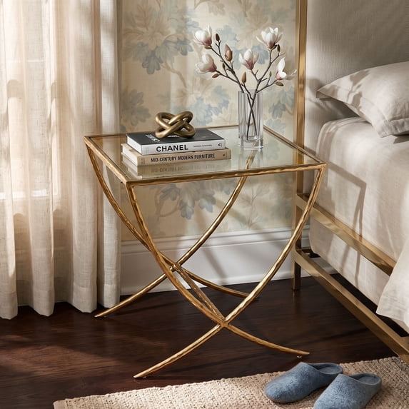 Furniture of America Zayen Modern Stainless Steel End Table with Tempered Glass Top, Gold