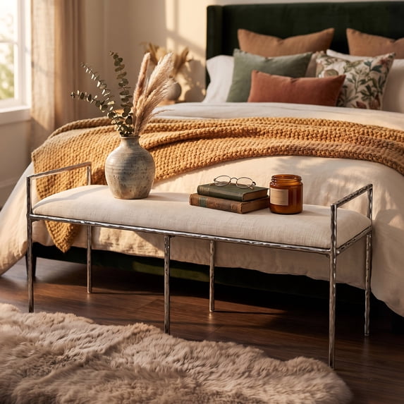 Furniture of America Zayen Modern Stainless Steel Upholstered Bench, Chrome