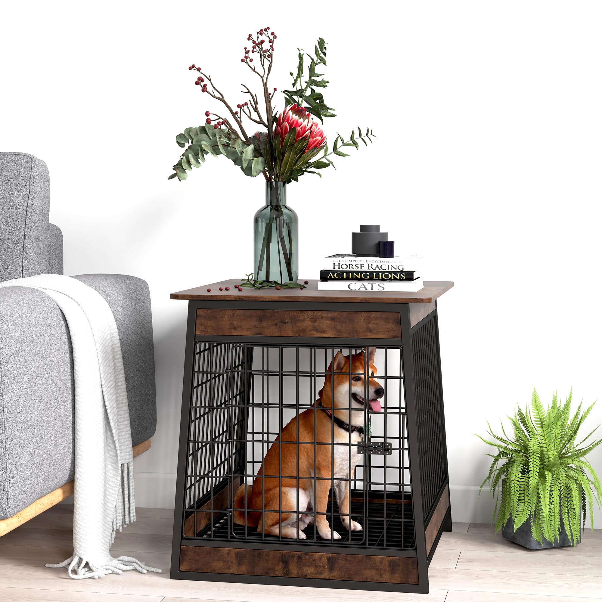 Furniture style dog cage, wooden dog cage, double door dog cage, side