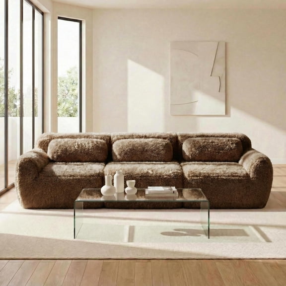 FurnitureR 114" Modular Sectional Sofa, Ultra-Soft Fluffy Plush Fabric Cloud Couch with Throw Pillows, No Assembly Required, 3-Piece Overstuffed Floor Sofa for Living Room, Home Theater,Chocolate