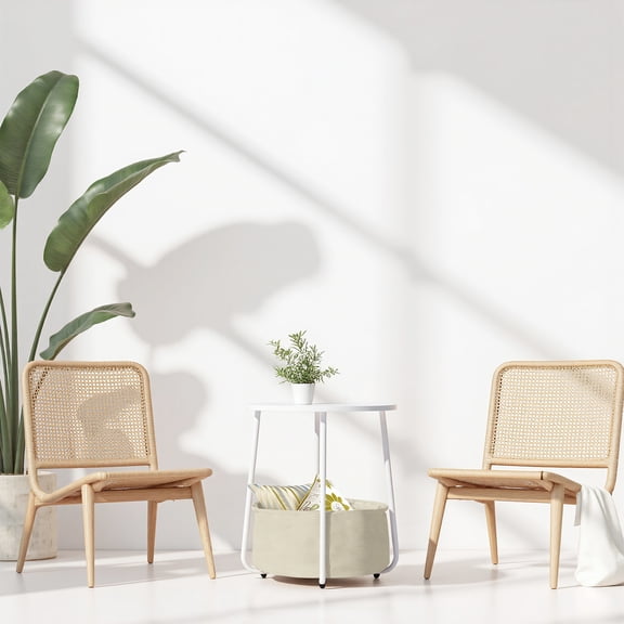 FurnitureR 17.7" Inch Round White Sofa Side Table with Linen Storage Basket - Modern Minimalist Style Coffee Table for Living Room, Bedroom, and Compact Spaces