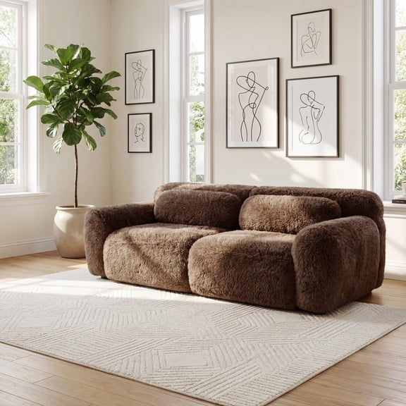 FurnitureR 2-Piece Modular Sectional Sofa, Modern Faux Fur Cloud Couch with 2 Throw Pillows, No Assembly Required, High-Density Foam Shaggy Floor Sofa for Living Room & Bedroom, Chocolate