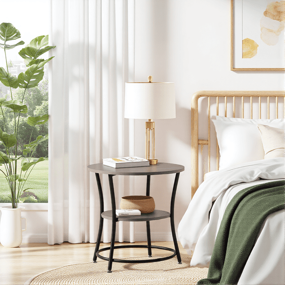 FurnitureR 21.6" Round End Table with 2-Tier Storage Shelf, Modern Industrial Side Table with Curved Metal Legs and Adjustable Feet, Rustic Oak Nightstand for Living Room and Bedroom,Oak