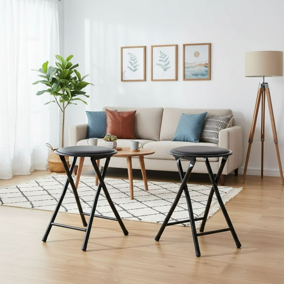 FurnitureR 2PCS Folding Stool, 11.8" Round Portable Collapsible Stool with Padded Seat, 18.11" Tall Folding Chair for Living Room, Kitchen, Office, Black