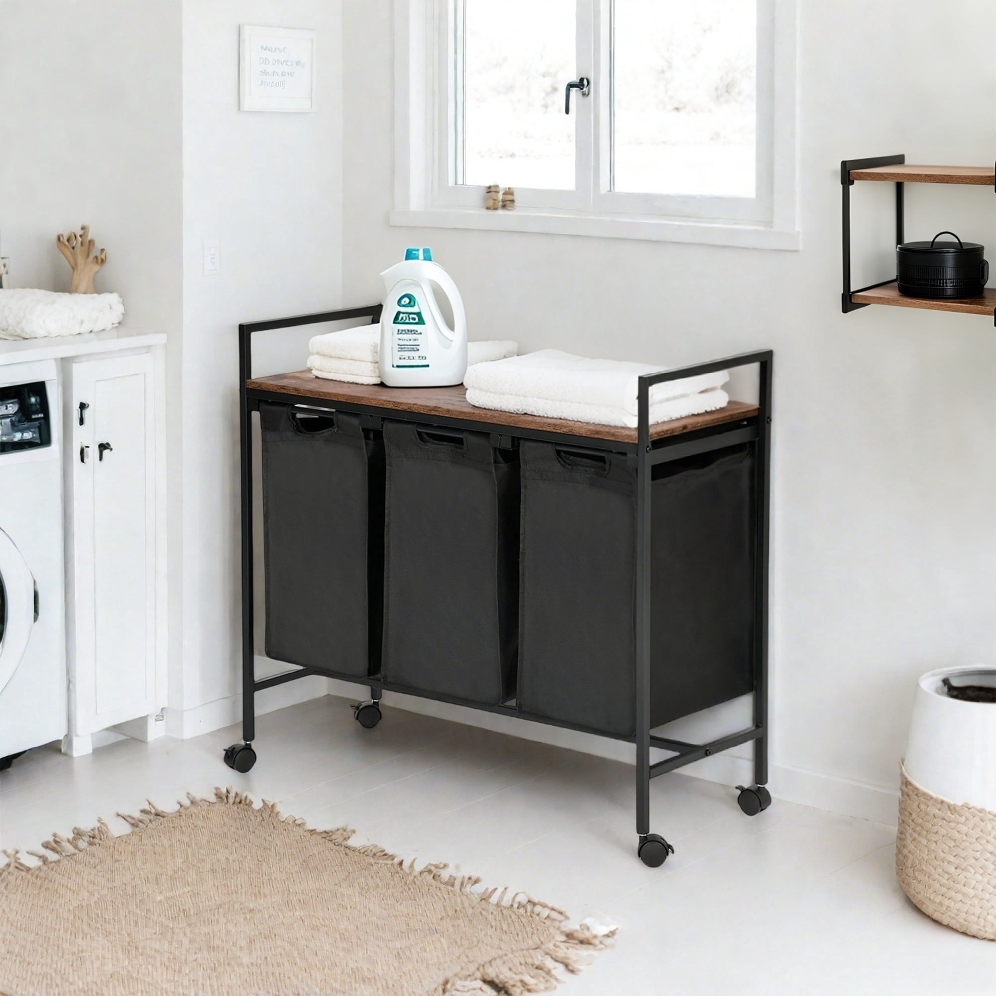 FurnitureR 3-Bag Rolling Laundry Sorter Cart with Rustic Wood Top Shelf, Mobile Laundry Organizer with Removable Bags and Locking Wheels, Industrial Laundry Hamper for Laundry Room and Bathroom