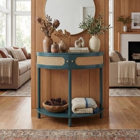 FurnitureR 31.5" Demi-Lune Console Table with 3D Wave Pattern, Half Moon Entryway Sofa Table with 2 Drawers and Storage Shelf for Hallway, Living Room,Antique Green