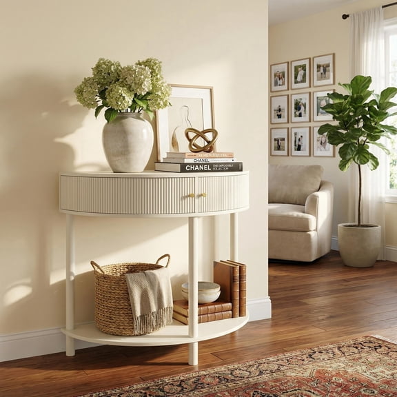 FurnitureR 31.5" Demi-Lune Console Table with 3D Wave Pattern, Half Moon Entryway Sofa Table with 2 Drawers and Storage Shelf for Hallway, Living Room, Creamy White