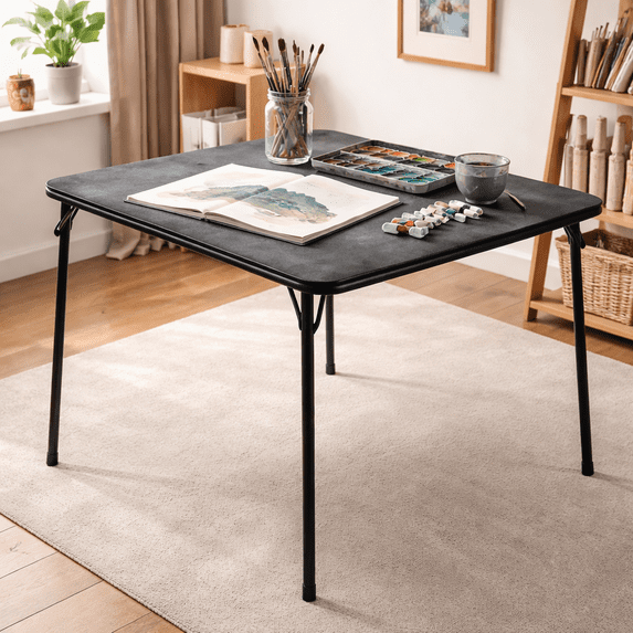 FurnitureR 33.5-inch Square Foldable Camping Table with PU Padded Tabletop, Portable and Space-Saving Design for Outdoor Activities, Picnics, and Camping Trips