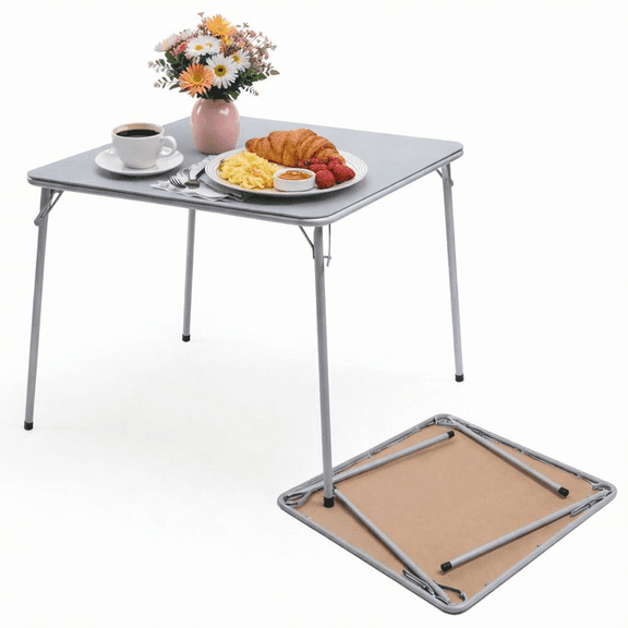 FurnitureR 34" Square Folding Card Table, Soft PVC Top for Puzzles, Dining & Parties, No Assembly, Grey