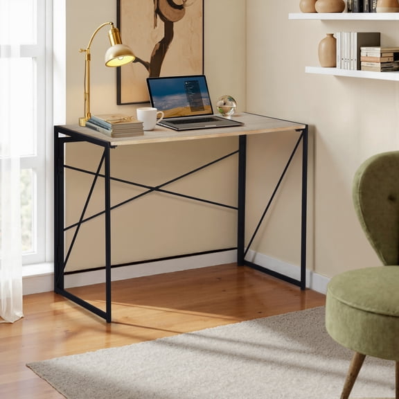 FurnitureR 39.4" Folding Computer Desk, No Assembly Writing Table for Home Office & Dorm, Industrial Style, Oak & Black