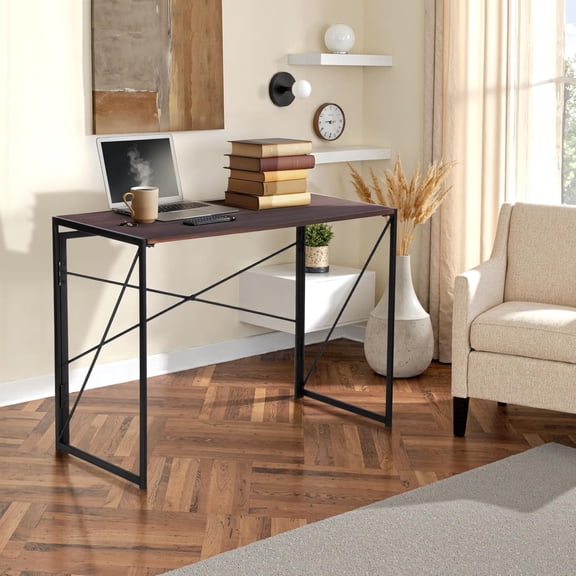 FurnitureR 39.4" Minimalist Laptop Desk, Simple Computer Writing Desk with Sturdy Metal Frame, Modern Foldable Workstation for Home Office, Study, or Small Spaces, Walnut