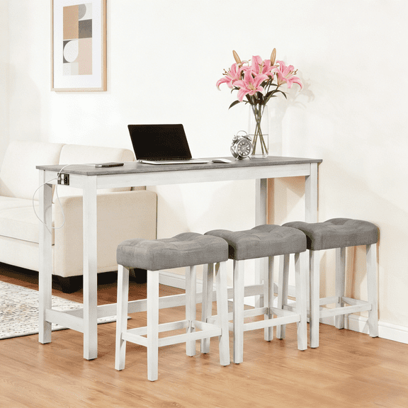 FurnitureR 4-Piece Bar Table Set with Power Outlet and USB Ports, 59" Industrial Sofa Table with 3 Upholstered Stools, Space-Saving Dining Table Set for Living Room, White & Grey