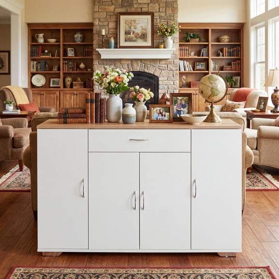 FurnitureR 43" Modern Storage Cabinet with Drawer and 4 Doors, Thin Sideboard Accent Console Table for Entryway, Living Room, Hallway, White and Oak