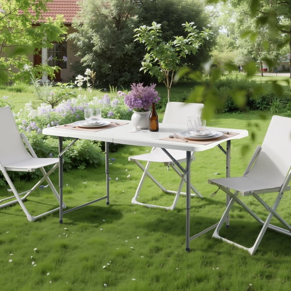 FurnitureR 4ft Folding Table, Adjustable Height Fold-in-Half Plastic Utility Table for Home Office, Dining & Party, White