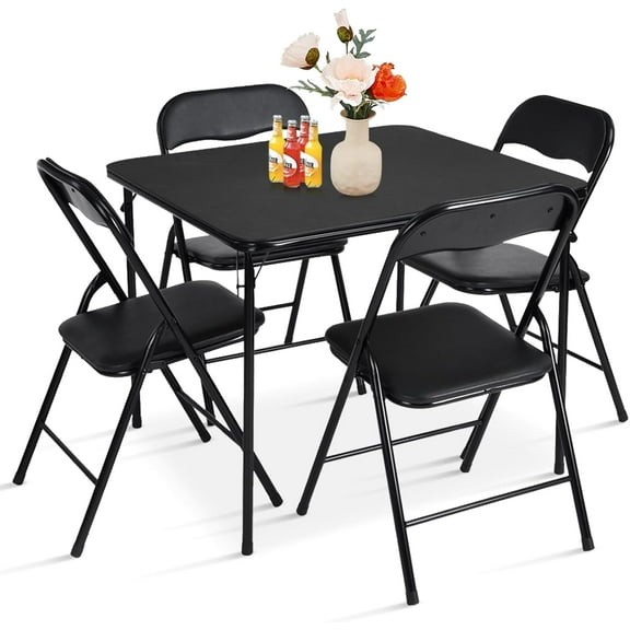 FurnitureR 5-Piece Folding Table and Chair Set, Portable Square Table with 4 Padded Chairs for Dining, Games, Holiday Hosting & Gift-Ready Home Use, No Assembly Required, Black