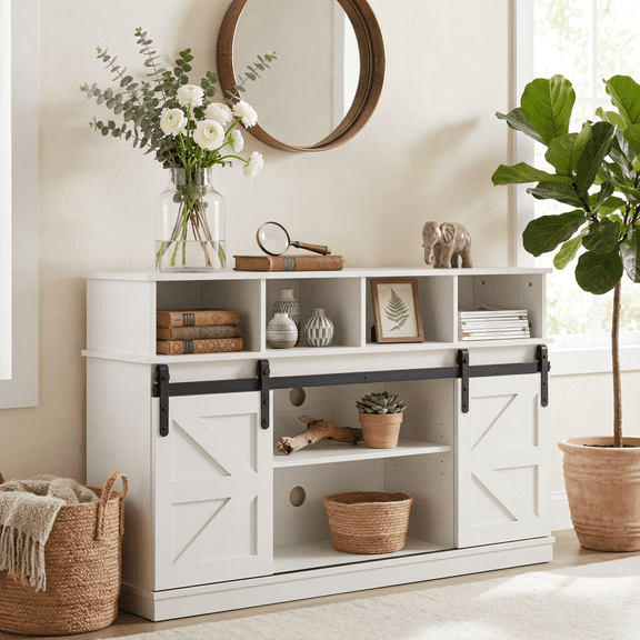 FurnitureR 58" Farmhouse TV Stand for TVs up to 65", Modern Entertainment Center with Sliding Barn Doors and Adjustable Shelves, Wood Storage Cabinet for Living Room, White