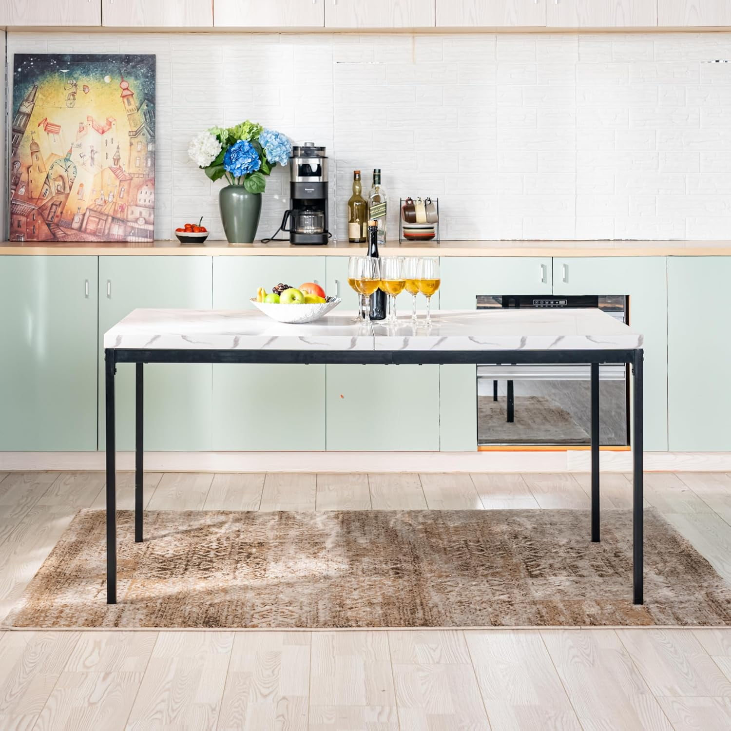 59 Inch Oval Dining Table for 4-6 with Storage Shelf and Sliding Door