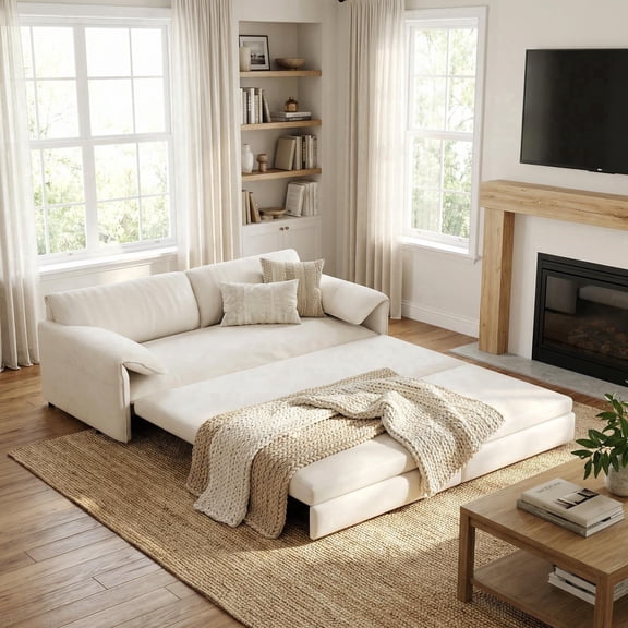 FurnitureR 66" Convertible Sleeper Sofa Bed, Queen Size Pull Out Loveseat with Side Storage, Modern Velvet 3-in-1 Sofa Couch with Adjustable Backrest for Living Room, Apartment, Beige and White