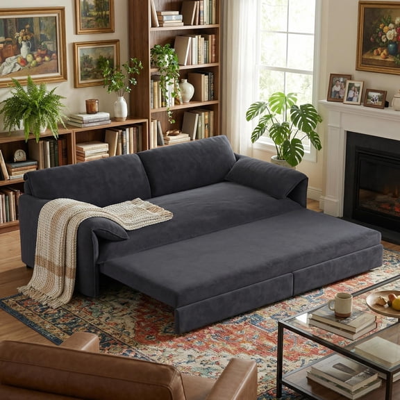 FurnitureR 66" Queen Sleeper Sofa Bed with Storage, 3-in-1 Hydraulic Pull Out Couch, Grey Velvet