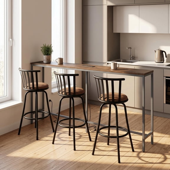 FurnitureR 70.8 Industrial Bar Table Set with 3 Swivel Bar Stools, 360 Rotating Chairs with Backrest, Space-Saving Pub Table Set for Kitchen Dining Living Room