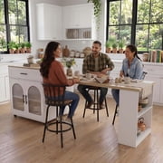 FurnitureR 80-Inch Expandable Kitchen Island with Dining Table and 3 Adjustable Bar Stools, Rolling Kitchen Cart with Power Outlet, Storage Cabinet, Drawer and Open Shelves, White/Oak