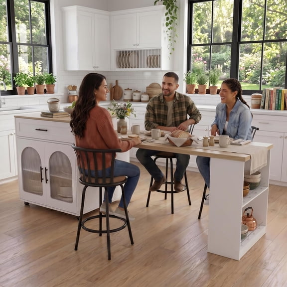 FurnitureR 80-Inch Expandable Kitchen Island with Dining Table and 3 Adjustable Bar Stools, Rolling Kitchen Cart with Power Outlet, Storage Cabinet, Drawer and Open Shelves, White/Oak