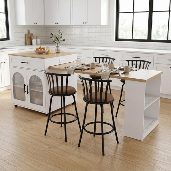 FurnitureR 80-Inch Expandable Kitchen Island with Dining Table and 4 Adjustable Bar Stools, Rolling Kitchen Cart with Power Outlet, Storage Cabinet, Drawer and Open Shelves, White/Oak