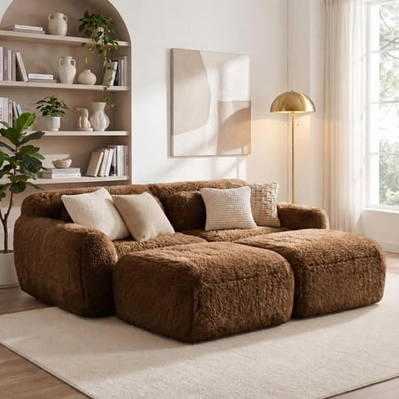 FurnitureR 80" Modular Sectional Cloud Sofa with 2 Ottomans, Luxury Plush Fabric 4-Piece Floor Couch, Non-Slip Base, No Assembly Required, Chocolate