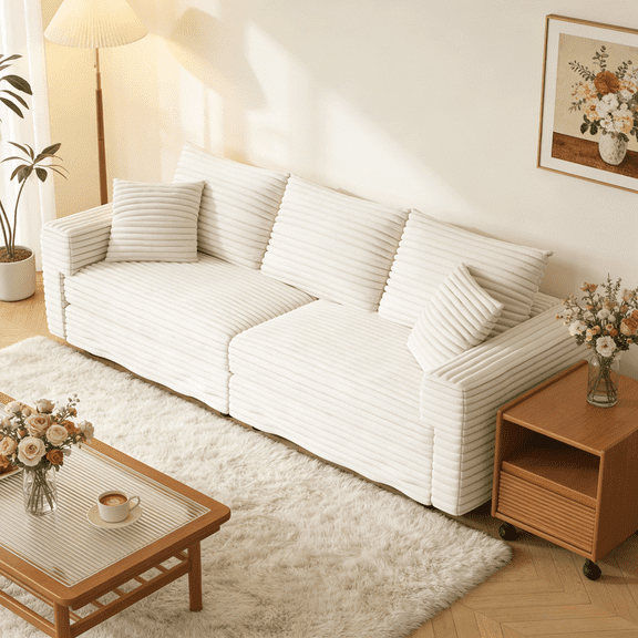 FurnitureR 82.7” Modern Cloud Couch, Plush Corduroy 3-Seat Sofa with Deep Seats and Soft Pillows, Comfy Upholstered Couch for Living Room & Apartment, Beige/White