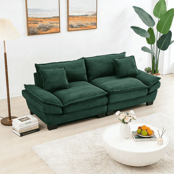 FurnitureR 84" Modern Corduroy Loveseat, 2-Seater Deep Seat Sofa for Small Spaces, Comfortable Upholstered Couch with 2 Pillows for Living Room, Green