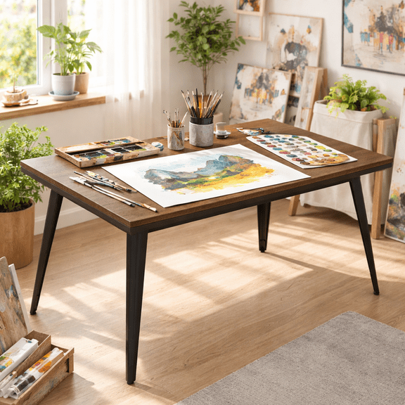 FurnitureR Adjustable Drafting Table with Wooden Surface and Metal Frame, Drawing Desk for Artists,63" Table Top
