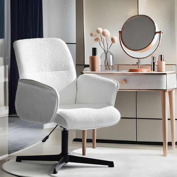 FurnitureR Adult Fabric Swivel Vanity Armchair with High Back, Height Adjustment, Armrests, White