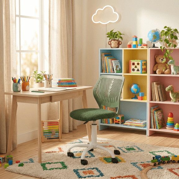 FurnitureR Armless Task Office Chair, Breathable Leaf-Pattern Mid-Back Swivel Desk Chair with Height Adjustable Fabric Padded Seat and Metal Base, for Kids Teens and Home Office, Montego Green