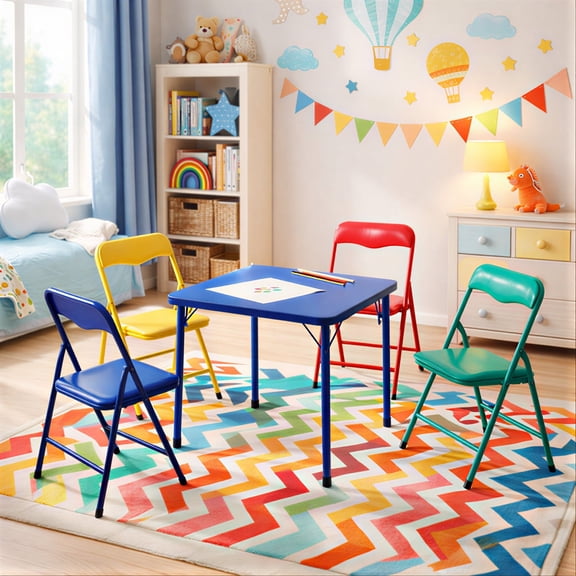 FurnitureR 5-Piece Kids Folding Table and Chair Set, Colorful Metal Activity Play Table with 4 Seats, No Assembly Required, Vinyl Padded for Playroom, Daycare, School