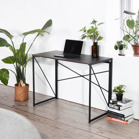 FurnitureR Computer Writing Desk Folding Table Simple Study Kids Desk Home Office Desk Wood Workstation with Arc Metal Frame - Brown