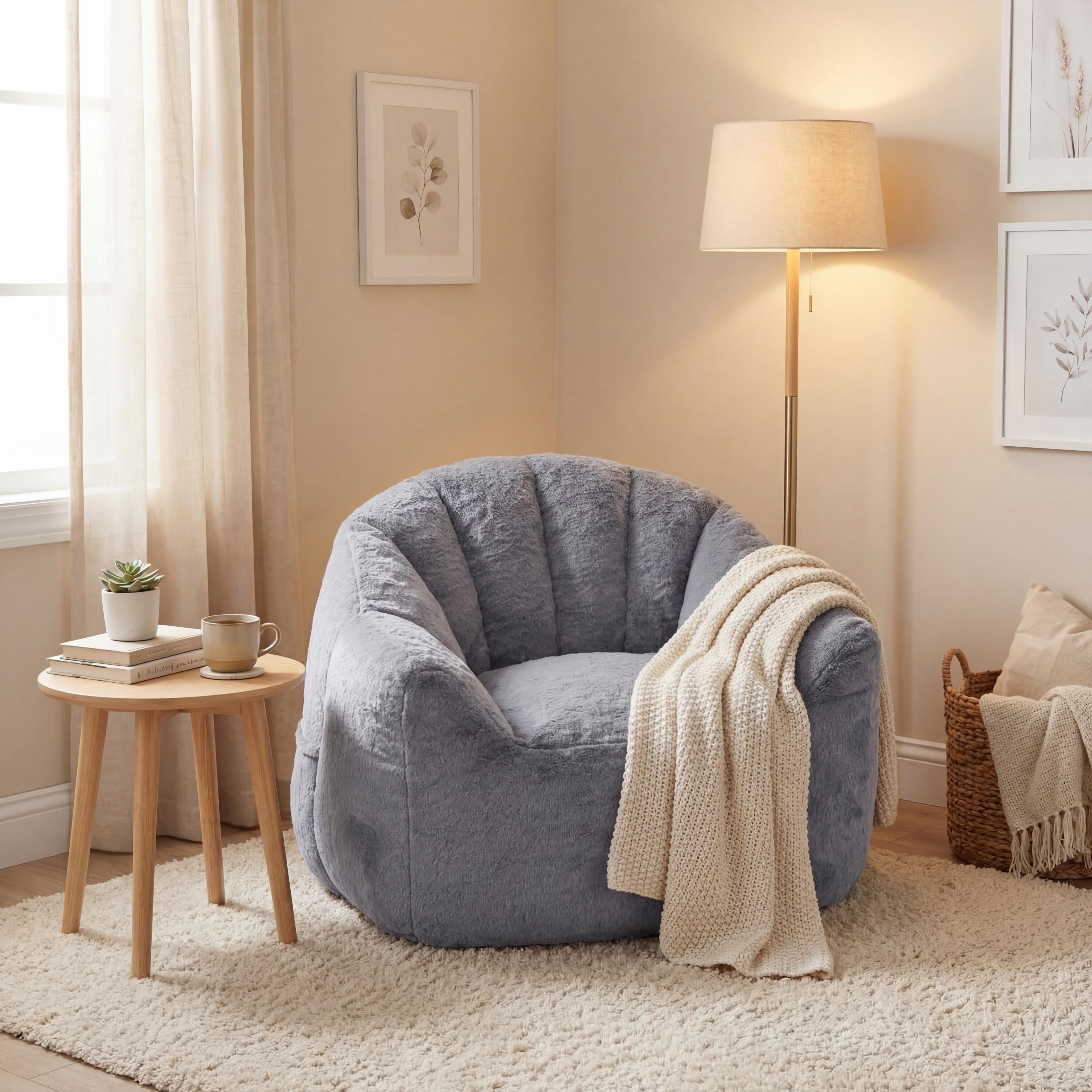 FurnitureR Cozy Faux Fur Bean Bag Chair for Adults and Kids, Soft Memory Foam Filled Lazy Sofa with Removable Cover, Non-Slip Base for Living Room, Bedroom,Grey