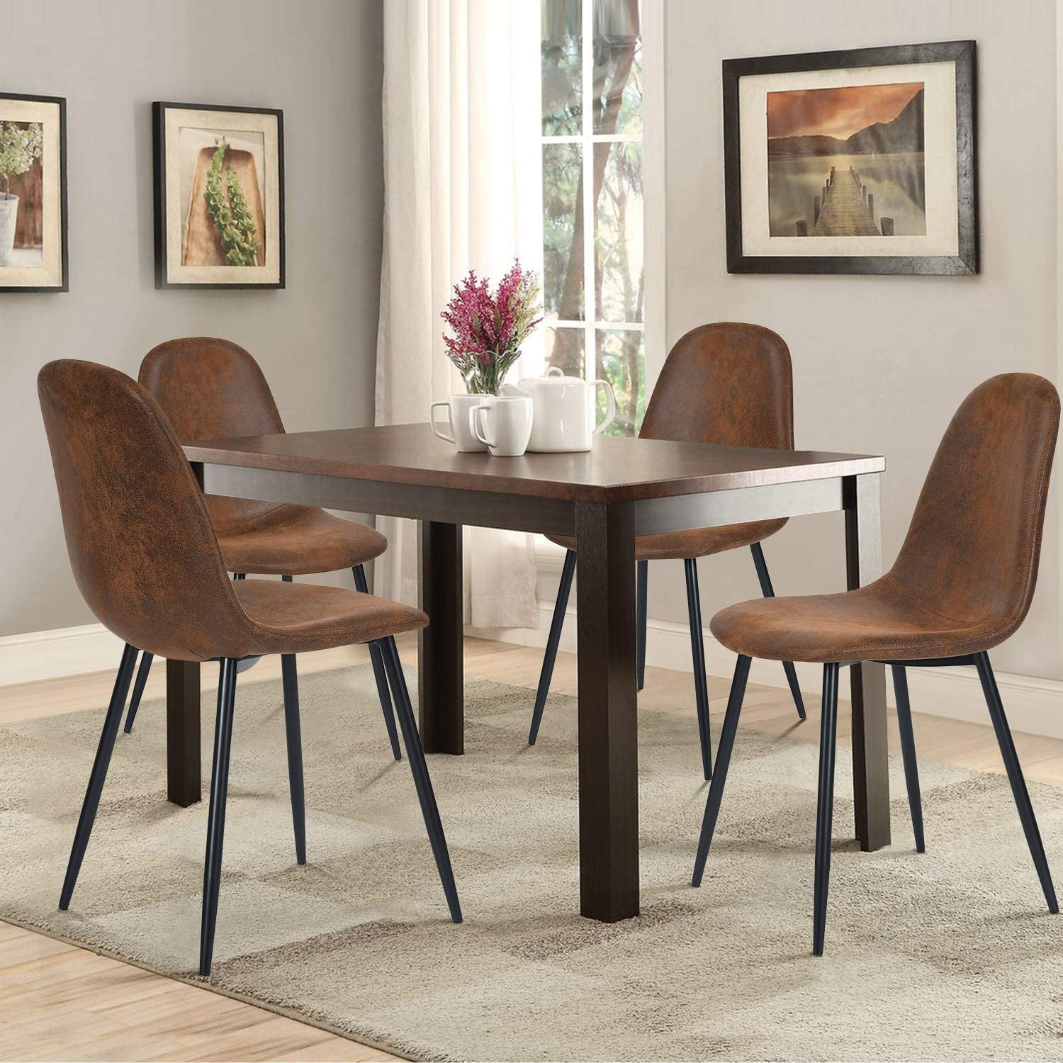 FurnitureR Set of 4 Kitchen Dining Chairs, Mid-Century Modern Brown ...