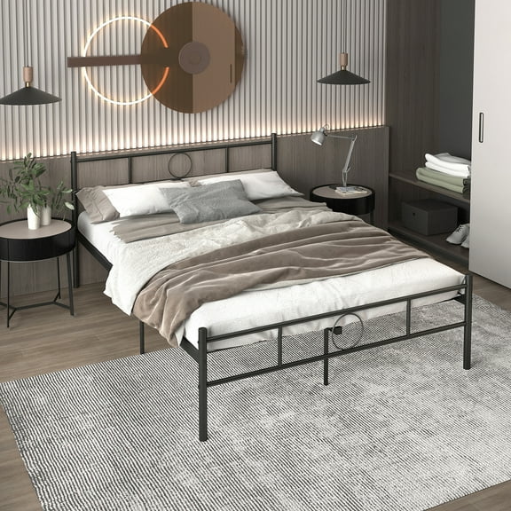 FurnitureR Double Size Metal Bed Frame with Circle Headboard & Footboard, Heavy-Duty Platform Bed Base with Underbed Storage, No Box Spring Needed Black