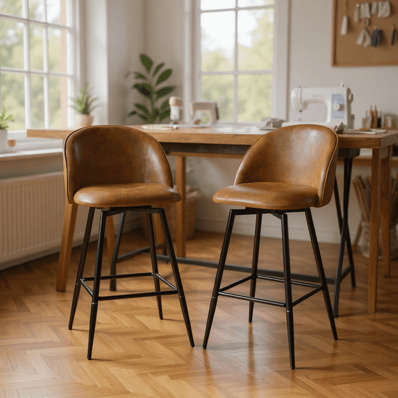 Homy Casa Set of 2 Faux Leather Counter Height Stools with 26 Inch Seat Ergonomic Back and Footrest for Craft Room Workbench Sewing Table and Quilting Studio