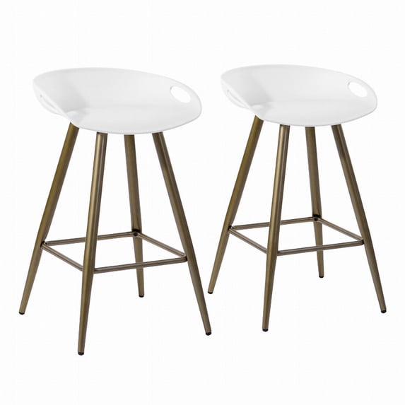 FurnitureR Fiyan 24" Vinyl Counter Stool with Low Backrest in White (Set of 2)