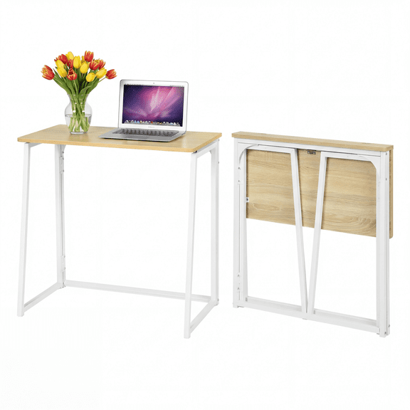 FurnitureR Foldable Computer Desk 31.5", Small Space Folding Study Table for Home Office, Modern Simple Writing Desk with Sturdy Metal Frame, No Assembly Required, Natural/White