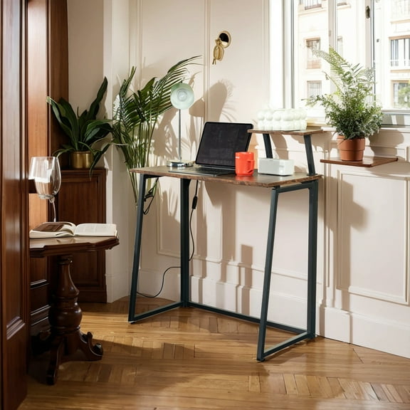 FurnitureR Foldable Computer Desk with Movable Shelf, Compact 31.5" Space-Saving Writing Table with Sturdy Metal Frame, Small Study Desk for Home Office or Dorm Room