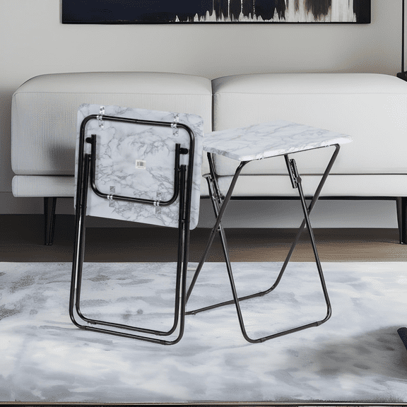 FurnitureR Foldable Workstation Tables Set of 2, Portable White Marble Finish Side Tables, Lightweight, Space-Saving Metal Frame, Ideal for Home Office, Bed, or Couch